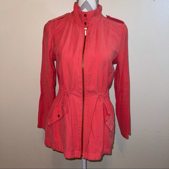 Zara Basic Pink Salmon Solid Zip Cargo Pocket Lightweight Utility Jacket Small - Picture 1 of 15
